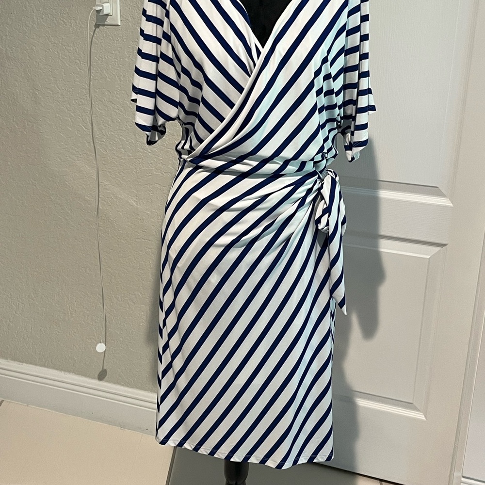 Striped Wrap Midi Dress in White and Navy